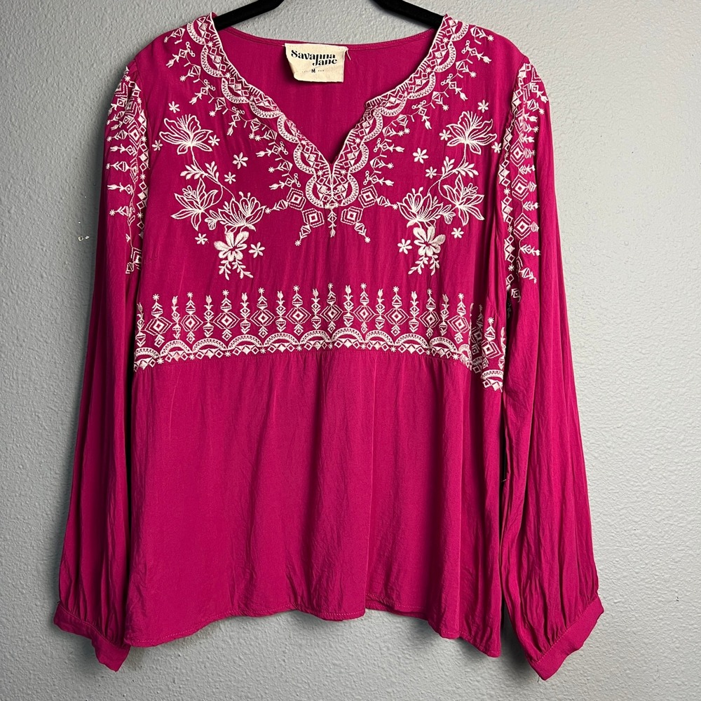 Savanna Jane‎ Embroidered Blouse Pink White Long Sleeve Boho Top Medium M
